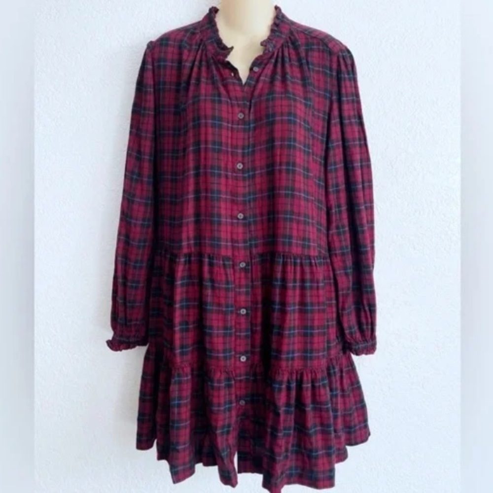 GAP NEW Burgundy Blue Black Plaid Flannel Long Sleeve Mini Dress Baby Doll